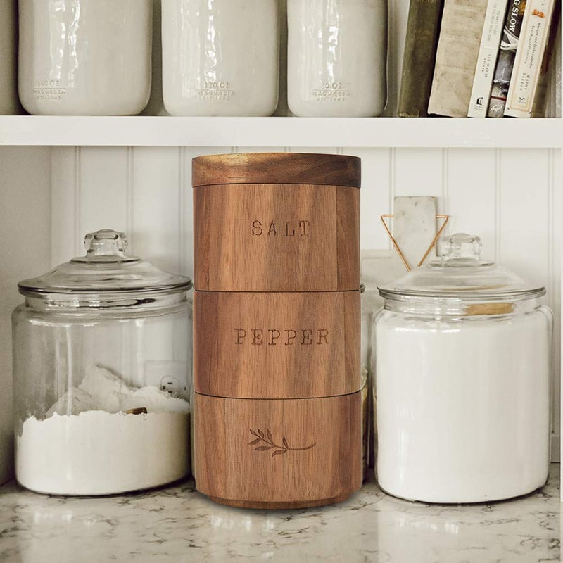 hoziel Acacia Wood Salt Pepper Shaker Set Cellar 3 piece Stacking Spice Box - Image 2